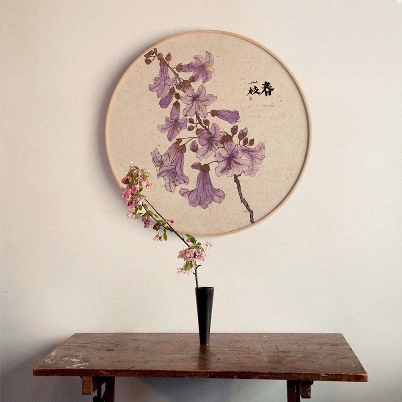 半庭x李知弥 新中式圆形玄关花卉挂画实木框客厅背景墙装饰画壁画图片