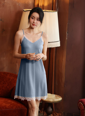 带胸垫吊带睡裙薄款兰精莫代尔女士睡衣性感蕾丝中长款连衣裙子夏