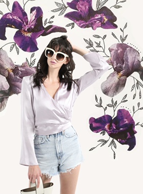 Oneday原创设计真丝收腰上衣法式V领修身天鹅颈桑蚕丝紫色喇叭袖