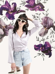 天鹅颈桑蚕丝紫色喇叭袖 Oneday原创设计真丝收腰上衣法式 V领修身