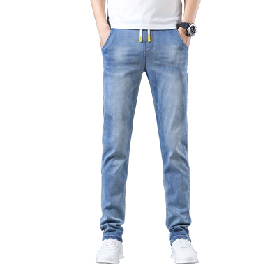 松紧腰浅色弹力牛仔裤潮流直筒