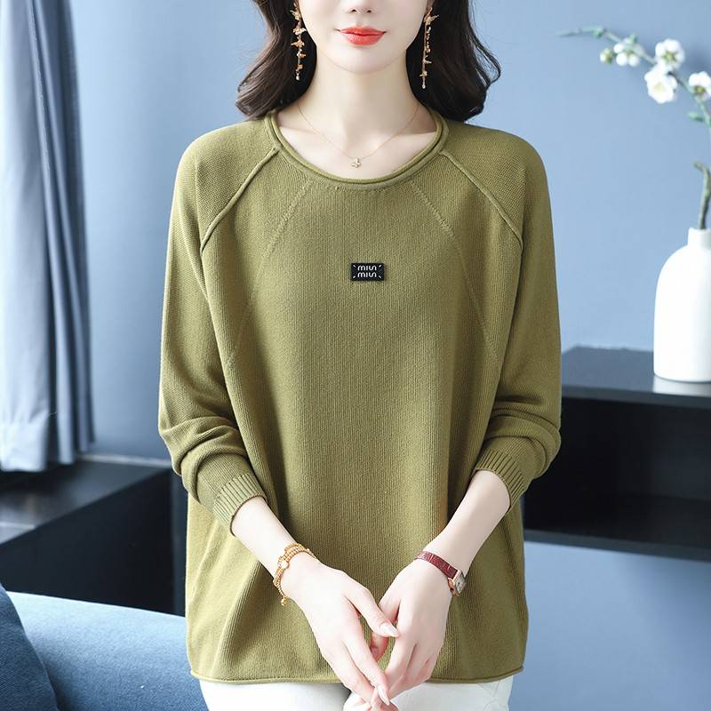 胖妈妈春秋新款上衣加肥加大码时尚圆领针织衫宽松遮肚长袖T恤女