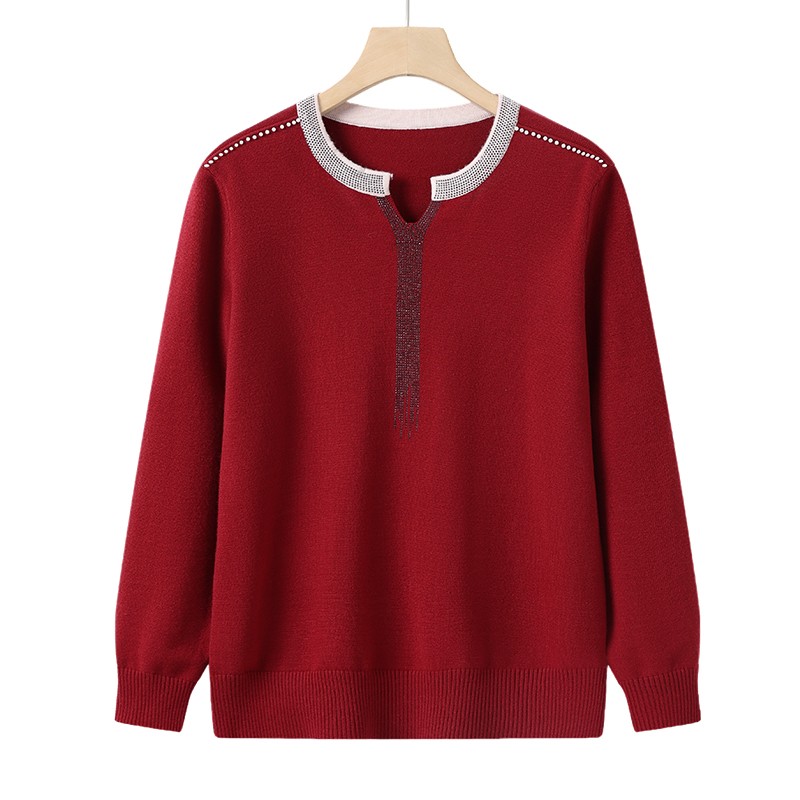 妈妈秋装针织衫洋气薄款打底衫中老年女装秋冬季内搭红色毛衣小衫