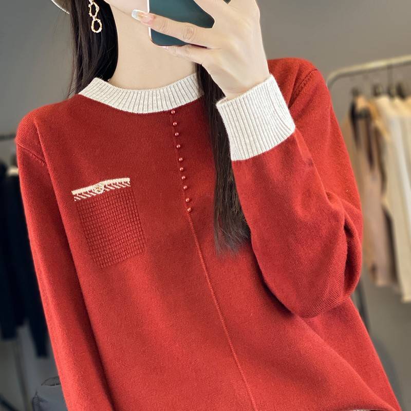2025新款打底衫女洋气拼接钉珠假口袋内搭特大码女装秋冬针织毛衣