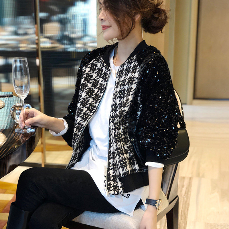 黑色格子短款棒球服外套女洋气亮片袖夹克秋装2020年新款欧洲站