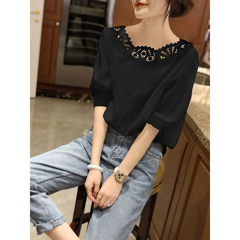 法式泡泡袖雪纺衬衫女黑色镂空短袖韩货衬衣2020年夏秋新款欧洲站
