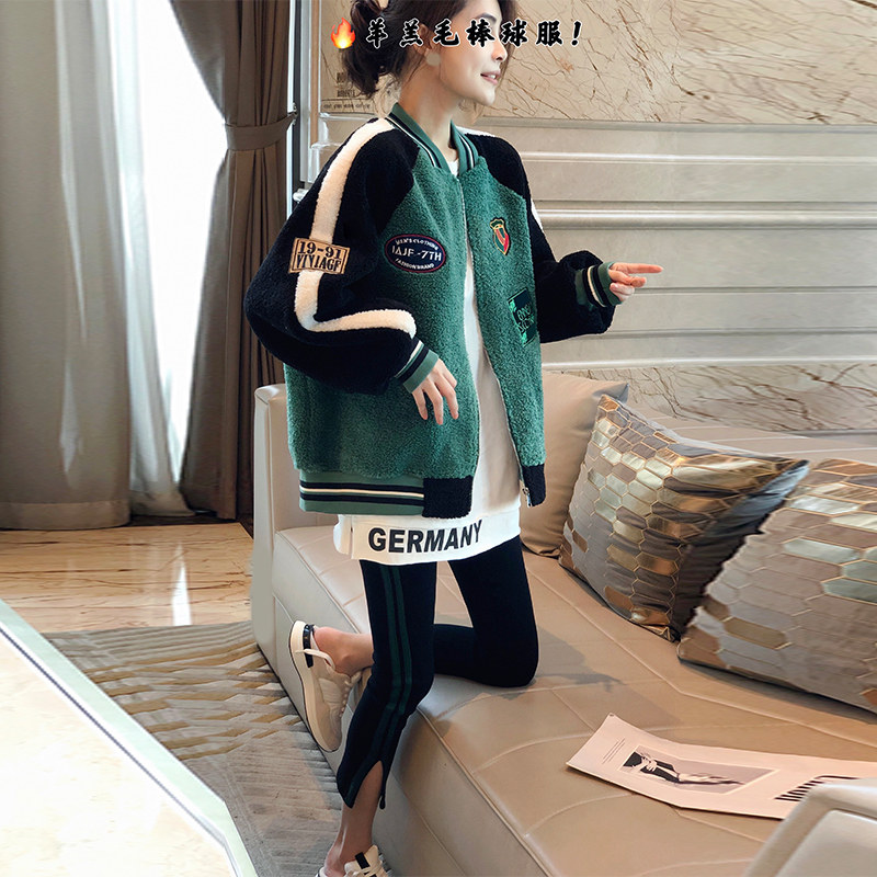 拼色羊羔毛短外套女小个子加厚棒球服夹克上衣秋冬2021新款欧洲站