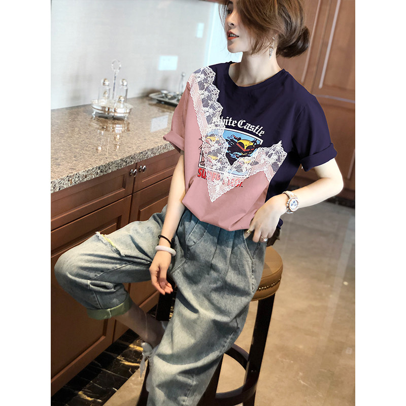 蕾丝短袖T恤女拼接设计感印花夏季上衣潮欧洲站2020新款洋气小衫