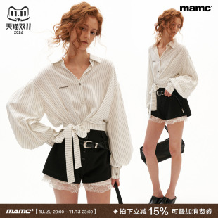 MAMC法式麻柔竖条纹衬衫女小个子收腰绑带灯笼袖短款宽松长袖上衣