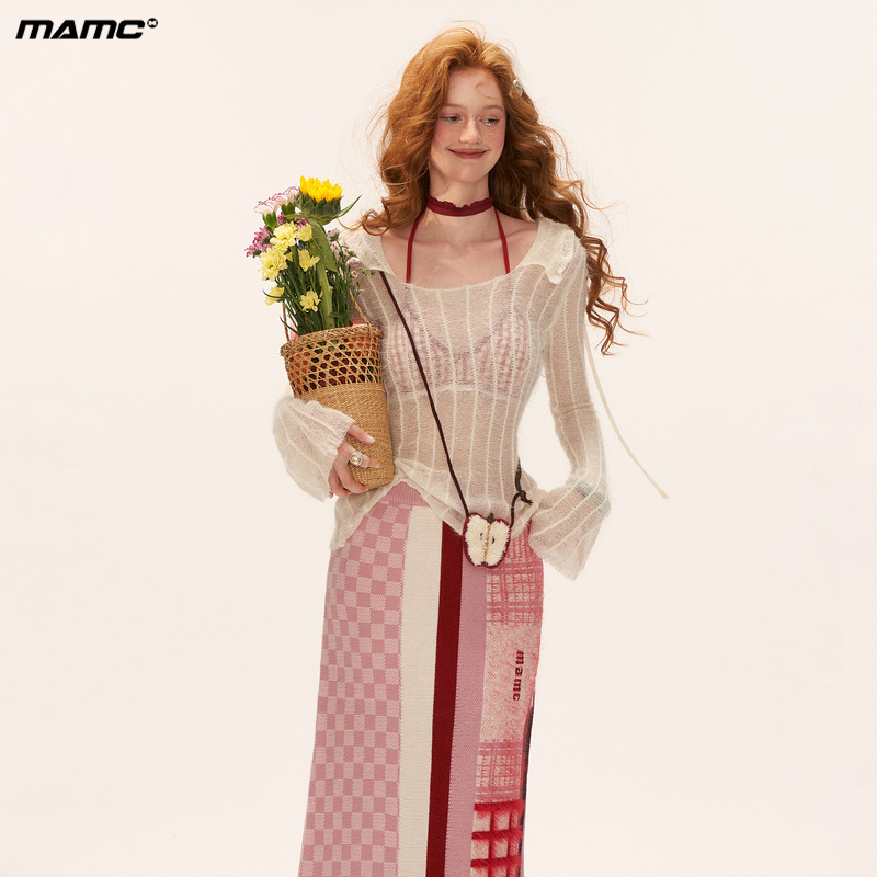 MAMC马海毛条纹连帽毛衣2025秋冬新款白色长袖修身辣妹针织衫上衣