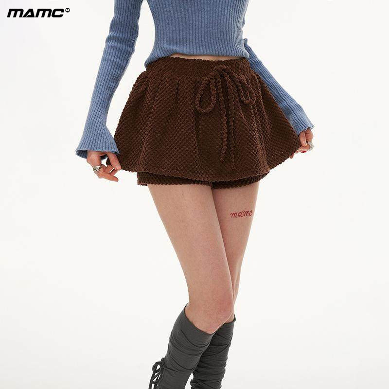 MAMC棕色绑带粒粒绒半身裙女复古时尚裙裤秋冬新款气质高级感短裙