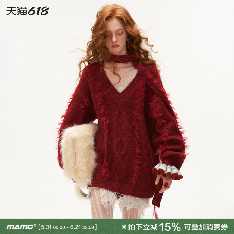 MAMC围脖绑带麻花毛衣针织上衣女2024秋冬新款慵懒宽松高级针织衫