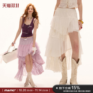 MAMC高开叉层次蕾丝半身裙女夏季 不规则高级设计感辣妹长裙 新款