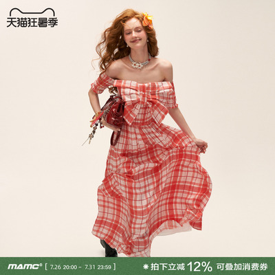 格子蝴蝶结早秋新款气质连衣裙