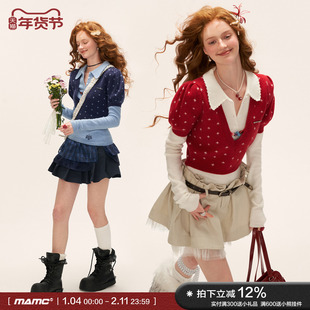 MAMC复古钩花v领泡泡袖修身温柔甜美毛衣秋冬新款针织衫上衣女