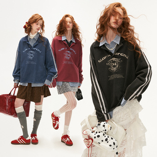 MAMC水洗蕾丝polo领卫衣女2024秋季新款美式休闲百搭宽松长袖上衣