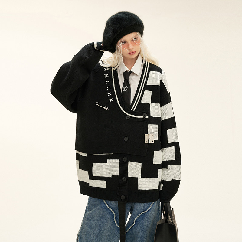 MAMC别针乱码毛衣开衫国潮牌原创设计感潮流慵懒风针织衫外套上衣