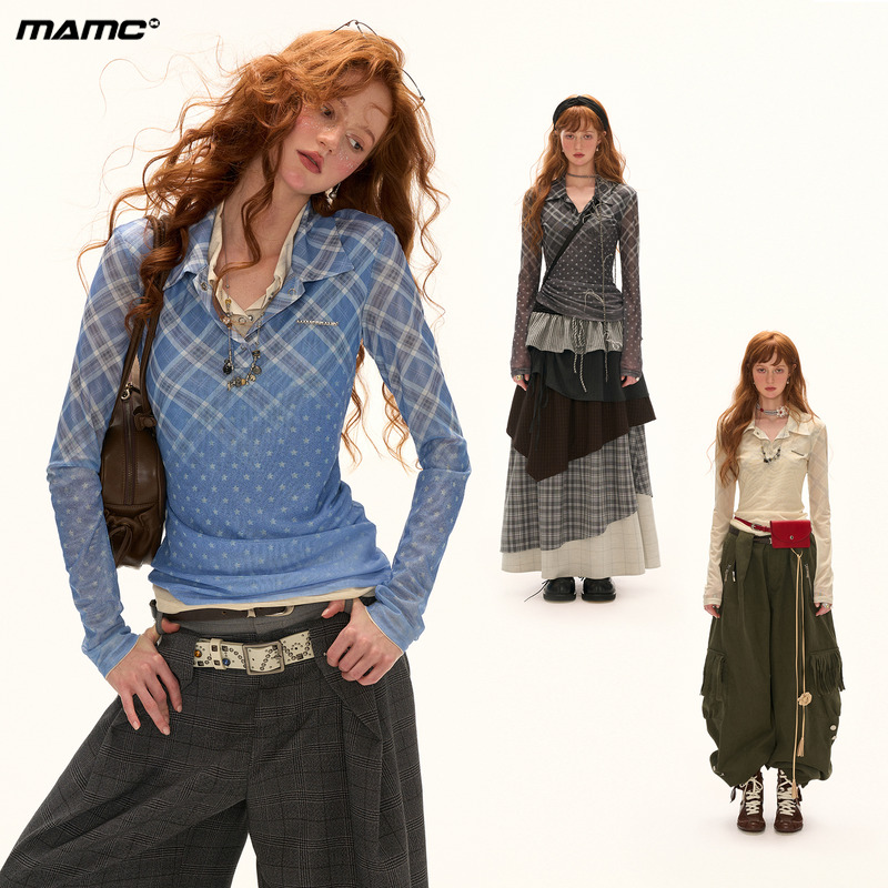 MAMC网纱渐变格纹长袖t恤