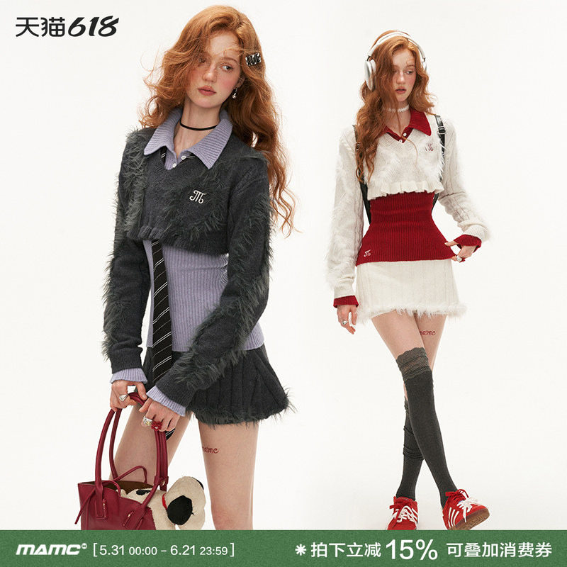 MAMC学院风短款毛衣秋季新款高级感气质外套上衣拼毛坑条短裙裤