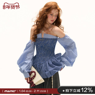 MAMC条纹打揽抹胸泡泡裙秋季新款海边连衣裙女蓝色高级拼接裙子