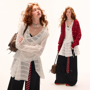 MAMC大V假两件薄透打底衫秋季新款白色宽松慵懒美式长袖罩衫上衣