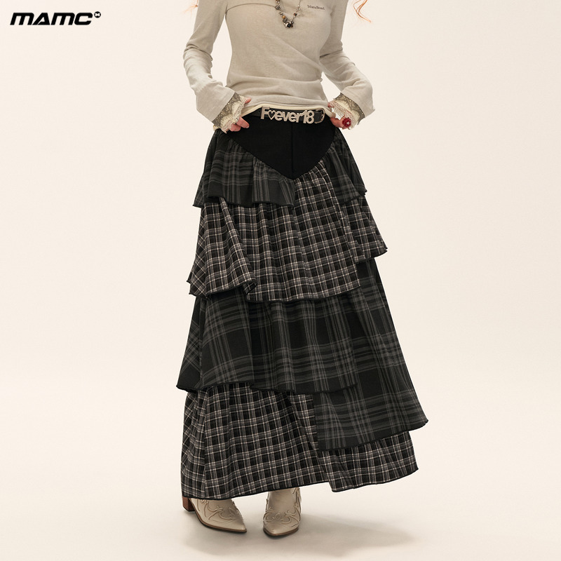 牛仔拼接格子层次感半身裙