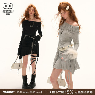 MAMC斜肩收褶法式连衣裙女秋季新款修身收腰气质长袖中长款裙子