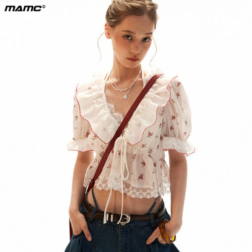 MAMC波点碎花泡泡袖开衫