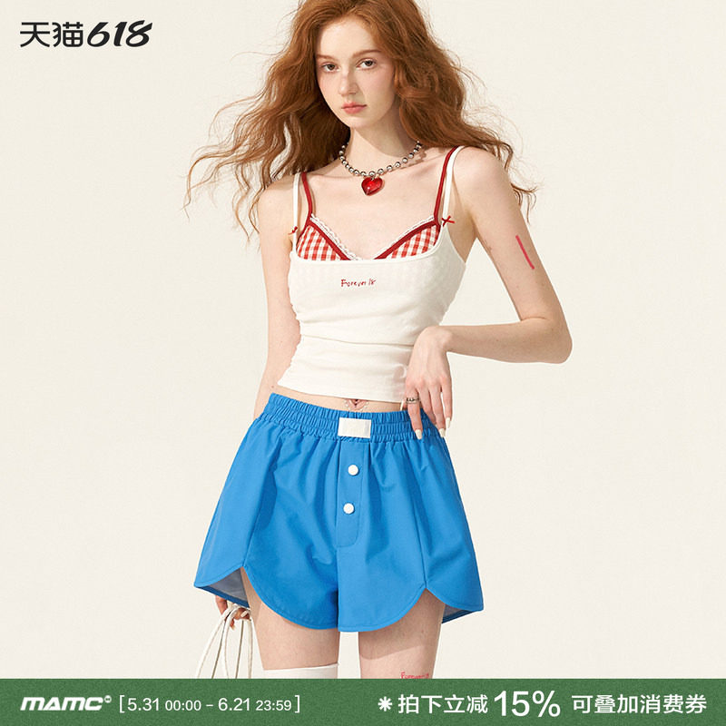 MAMC蓝色纽扣高腰运动裤2024夏季新款休闲裤宽松高级时尚跑步短裤