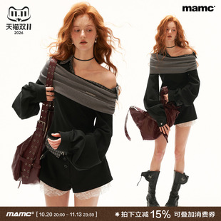 MAMC秋季新款辣妹风卫衣女假两件拼接格纹漏肩翻领灯笼袖长袖上衣