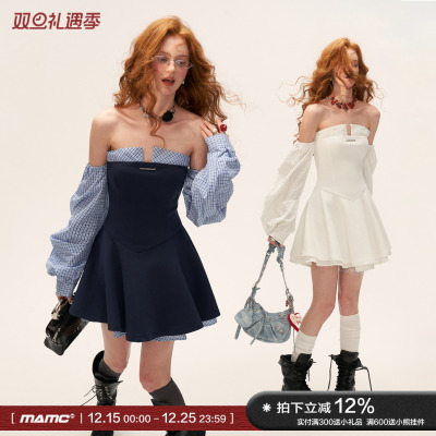 拼接格纹灯笼袖抹胸连衣裙