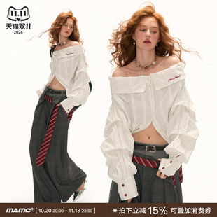 MAMC大V层次条纹白色衬衫女2025秋季新款一字肩衬衣宽松长袖上衣