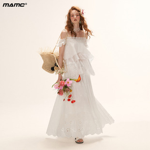 MAMC白色镂空蕾丝荷叶边吊带连衣裙套装女夏季新款法式仙女两件套