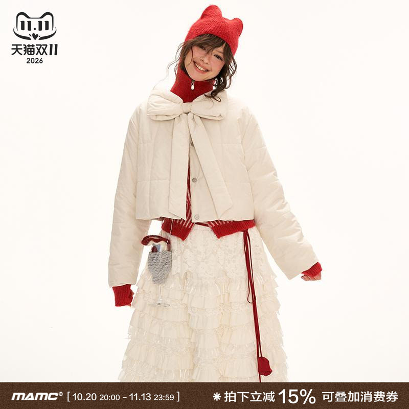 MAMC蝴蝶结纽扣短款棉服2024年新款冬季法式甜美洋气棉衣外套上衣