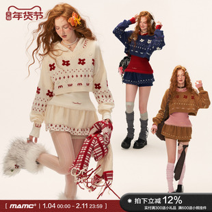 MAMC星星花朵提花圆领短款毛衣针织衫2025秋冬新款宽松慵懒风上衣