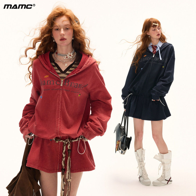 MAMC水洗做旧logo连帽长袖拉链卫衣裙休闲2025秋季新款连衣裙女