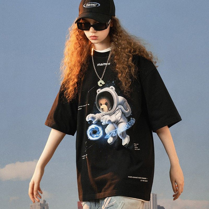 MAMC黑洞星球太空熊短袖男国潮牌潮流卡通T恤女夏季纯棉宽松上衣