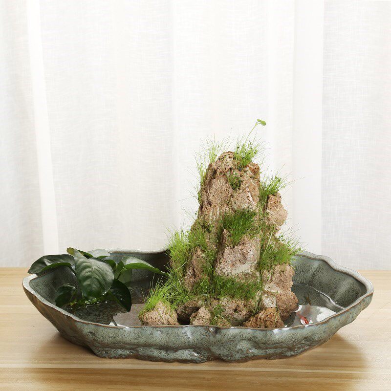 上水石盆吸水石底座陶瓷花盆假山盆景装饰养鱼水培碗莲铜钱草植物