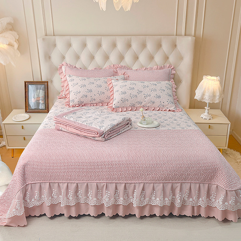 夹棉床盖三件套单件被套双层纱防滑蕾丝边床单加厚公主风床上用品