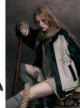 WAALEVANA 美式小众潮牌复古设计感拼接袖pu皮棒球夹克男女外套潮