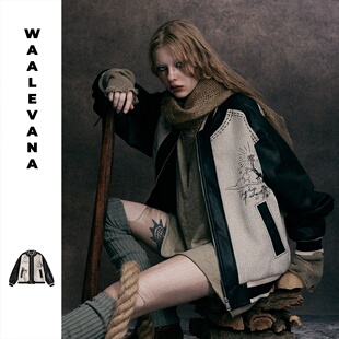 WAALEVANA 美式小众潮牌复古设计感拼接袖pu皮棒球夹克男女外套潮