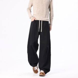 WAALEVANA纯棉慵懒风阔腿弯刀休闲裤复古宽松垂感显瘦休闲香蕉裤