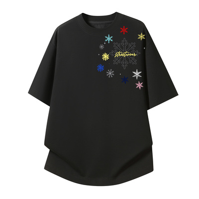WAALEVANA美式复古撞色雪花T恤夏季宽松设计感streetwear小众短袖