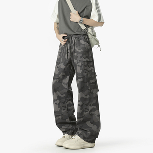 WAALEVANA美式高街迷彩工装裤潮牌阔腿休闲复古机能风直筒伞兵裤