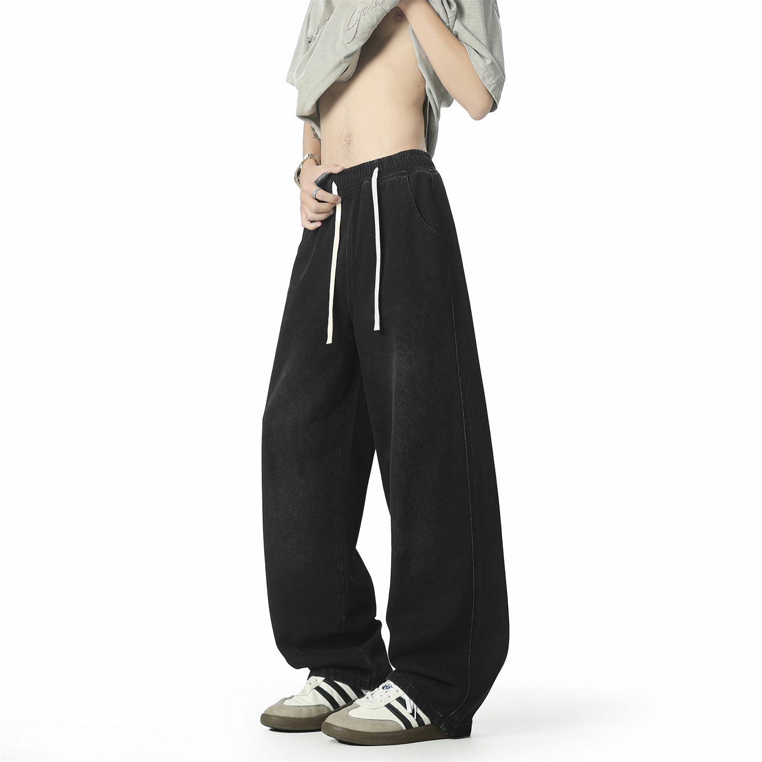 WAALEVANA美式复古水洗cleanfit弯刀阔腿牛仔裤高街百搭宽松长裤