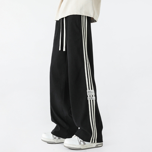 WAALEVANA美式复古三条杠运动裤男女潮宽松阔腿直筒百搭休闲卫裤