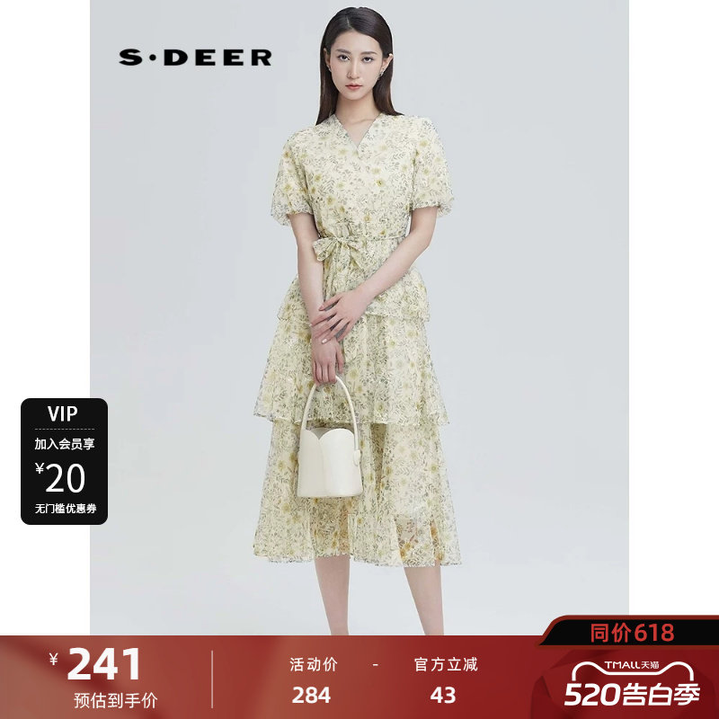 【可露丽系】sdeer圣迪奥V领碎花收腰网纱泡泡袖连衣裙S242