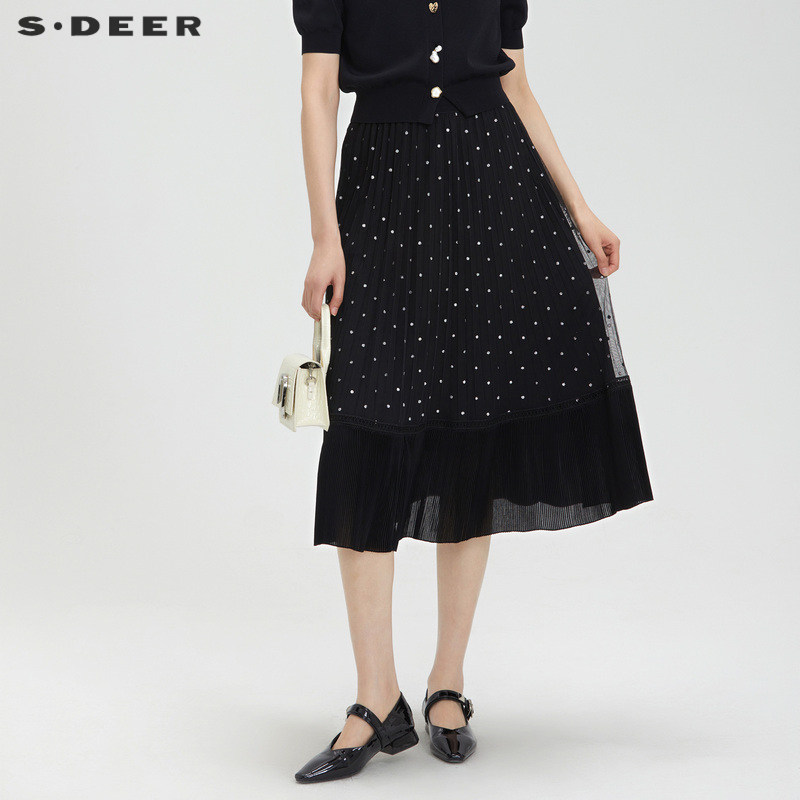 sdeer圣迪奥女装松紧波点网纱雪纺A字伞裙S23281101