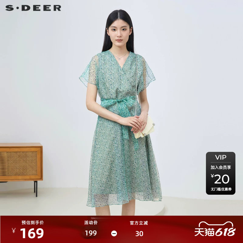sdeer圣迪奥女装V领碎花收腰网纱短袖连衣裙S23261233