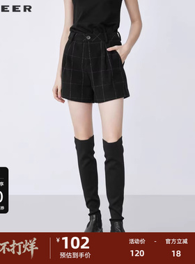 S·DEER圣迪奥女装冬季复古休闲撞色格纹A字毛呢短裤S21480914